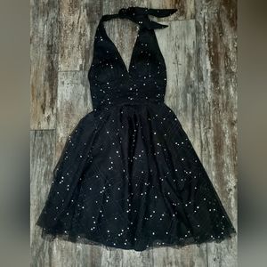 Adrianna Papell Black Tulle Sparkling Confetti Halter Dress Size 4 Goth Princess